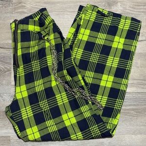 The Ragged Priest Green and Navy Blue Plaid Pants with Chain Accent